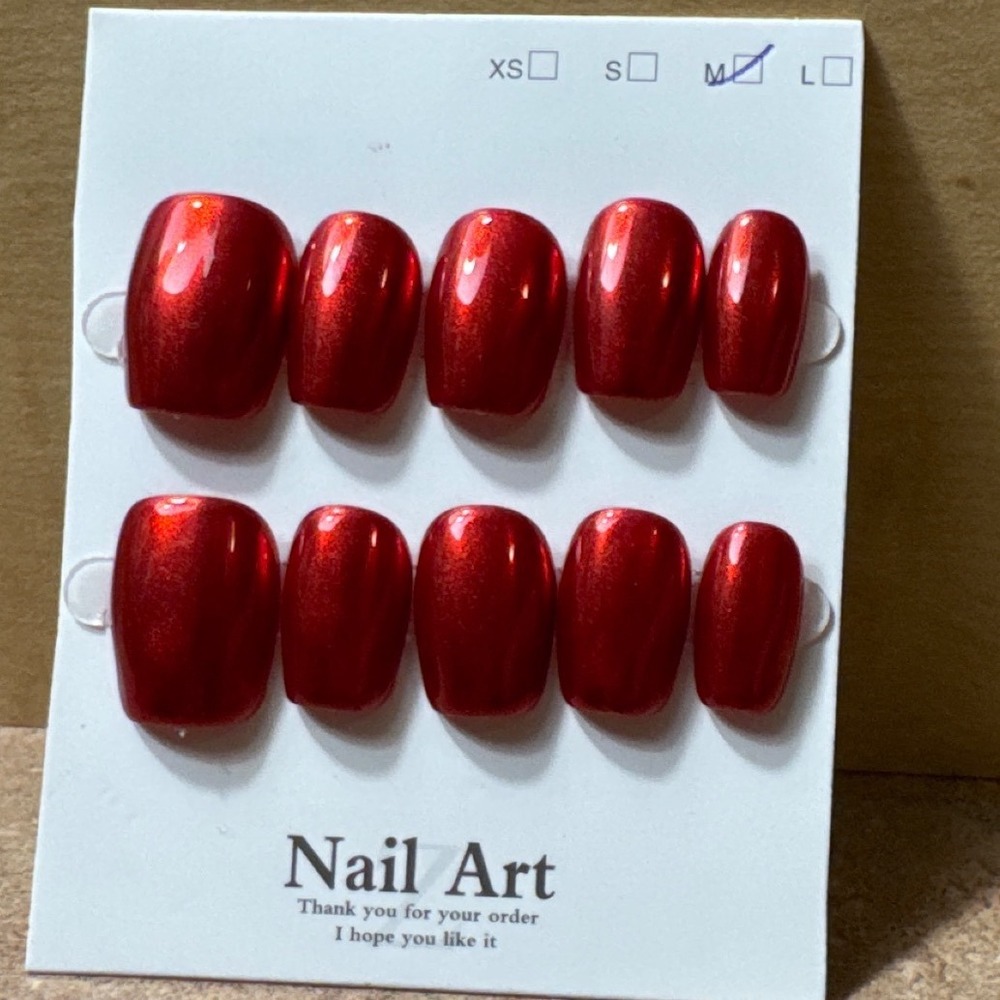 Metallic Ruby Red Press On Nails Short Square Chrome Finish Size Medium 10pc Set